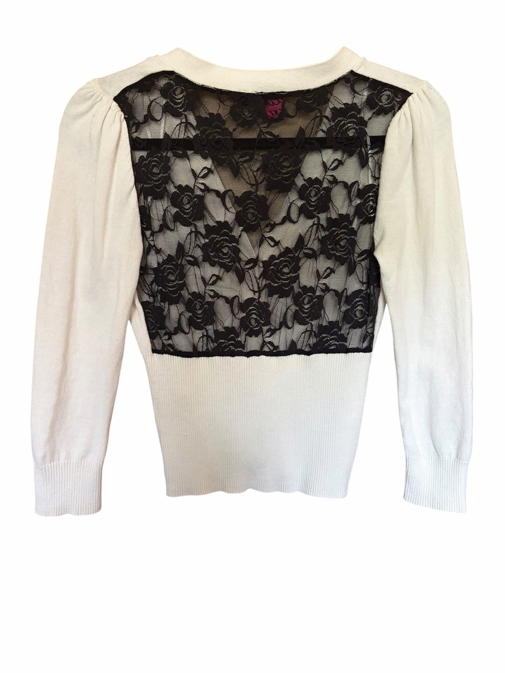 Cream V-Neck Crop Sweater with Black Floral Lace Back